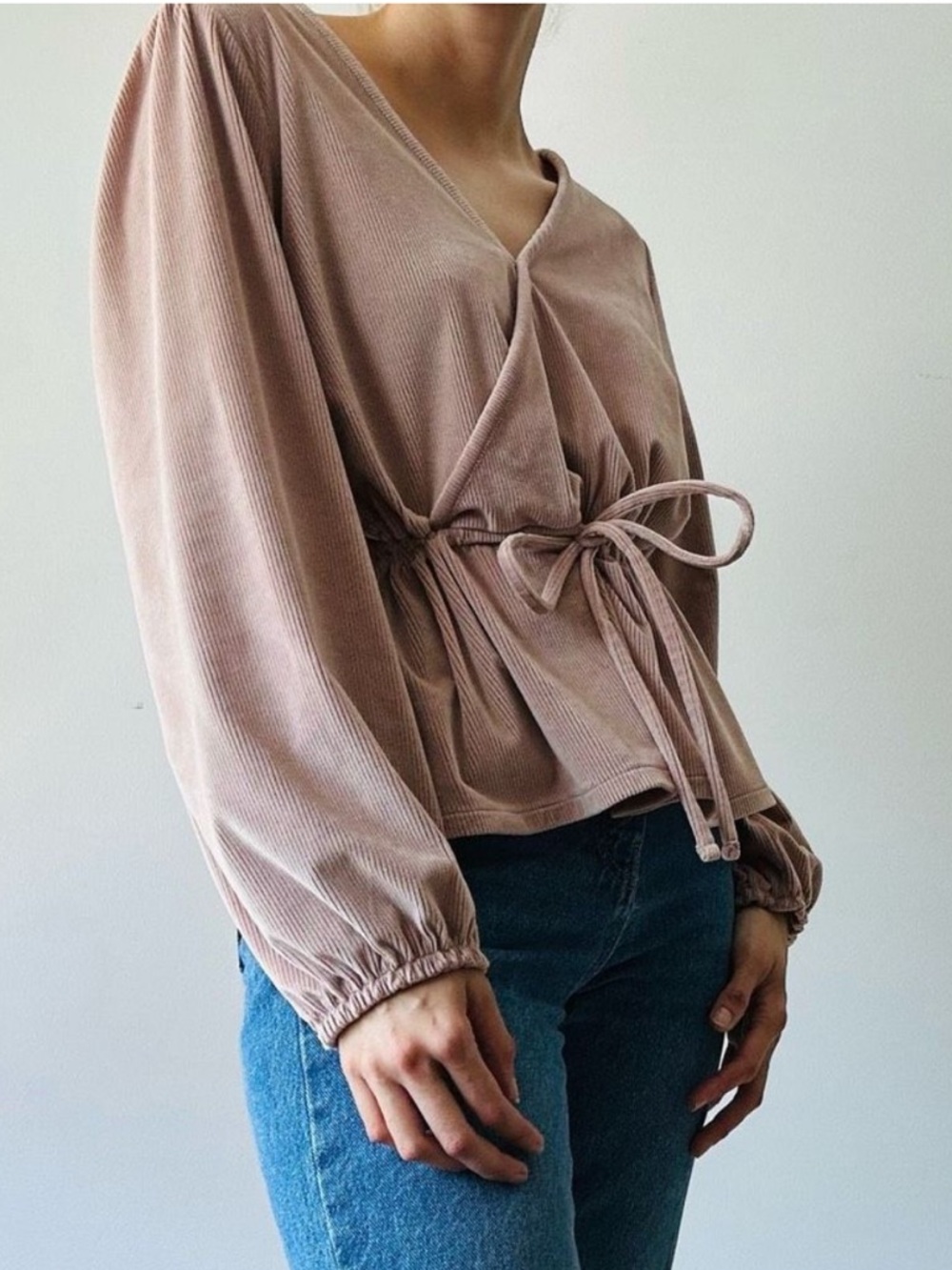 Madewell Corduroy Tie-Front Faux-Wrap Top in Warm Sandstone